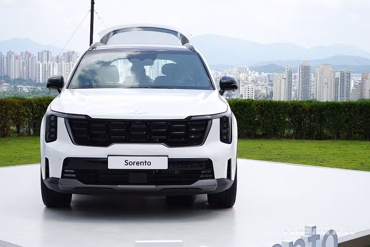 Bao quanh đèn pha và ăn sâu vào bên trong lưới tản nhiệt là dải đèn LED định vị ban ngày lấy cảm hứng thiết kế từ bản đồ sao. Lưới tản nhiệt của Kia Sorento 2024 mới với tản nhiệt "mũi hổ" cải tiến, sơn màu đen bóng. Lưới tản nhiệt có 2 kiểu thiết kế, tùy theo gói ngoại thất của xe. Trong khi đó, cản trước có thêm khe gió nằm dọc với kích thước nhỏ hơn phiên bản cũ ở hai góc. 