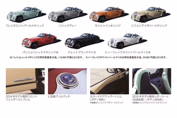 Điểm nhấn đầu tiên của Mitsuoka Himiko 2024 là 7 màu sơn ngoại thất, bao gồm xanh bạc hà, xám, cam, trắng ngà, đen, đỏ và trắng ngọc trai. Trong đó, đỏ và trắng ngọc trai là 2 màu sơn mới ở phiên bản 2024.