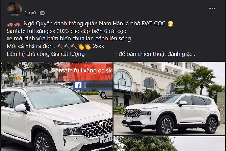 Mới đây, một chiếc xe SUV Hyundai SantaFe 2023 biển số ngũ quý 1 đã được rao bán trên mạng xã hội với giá cao. Người rao bán xe cho biết chiếc SantaFe này thuộc phiên bản máy xăng cao cấp, được sản xuất năm 2023 và vừa mới đăng ký xong tại Thành phố Hải Phòng.