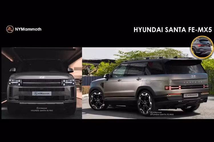 Những hình ảnh phác thảo SantaFe 2024 do NYMammoth thực hiện dựa theo những gì đã biết về mẫu xe này. Phần đầu xe có nhiều thay đổi từ lưới tản nhiệt, đèn pha, cản trước. 