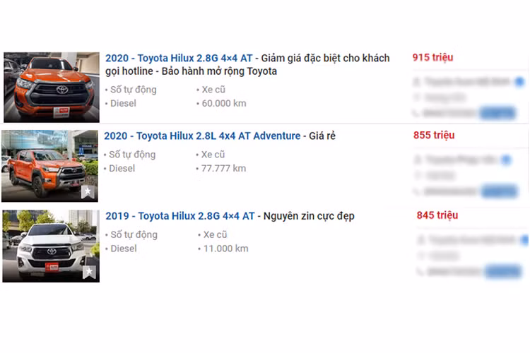 Nguồn cung khan hiếm dẫn đến việc giá xe Toyota Hilux đã qua sử dụng ở thị trường xe cũ tăng mạnh bất ngờ. Theo tìm hiểu ở thị trường xe cũ, Toyota Hilux bản 2.8 đời 2018 - 2019 đang được bán với mức giá dao động từ 760 - 780 triệu đồng.