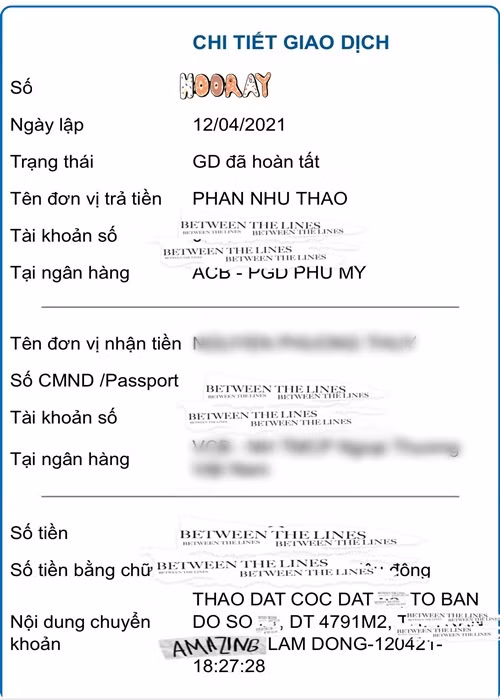 Nữ người mẫu đăng tải ảnh chụp tin nhắn chuyển khoản tiền đặt cọc mua mảnh đất mới.