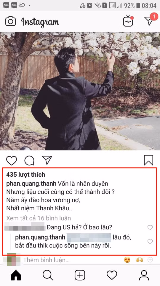 Mới đây, trong cuộc trò chuyện với một người bạn dười bức ảnh chàng thiếu gia Sài Gòn đang một mình ngắm hoa, Phan Thành gây nhiều đồn đoán khi chia sẻ kế hoạch ở lại Mỹ lâu dài vì anh đã cảm thấy thích nơi này.