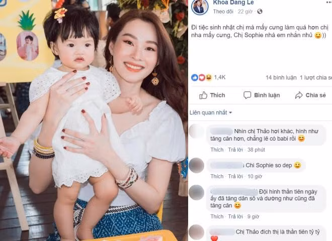 Hình ảnh trong bữa tiệc sang chảnh của con gái Hoa hậu Việt Nam 2012 được Shark Lê Đăng Khoa - bạn thân của Đặng Thu Thảo chia sẻ cách đây không lâu, người đẹp sinh năm 1991 cũng bị đồn đang mang thai lần nữa khi gương mặt trông đầy đặn, "có da có thịt" hơn.
