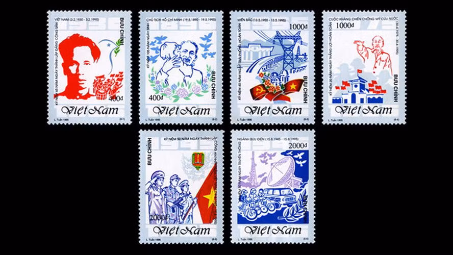 Bộ tem "Kỷ niệm 50 năm Cách mạng tháng Tám và Quốc khánh 2/9" gồm 06 mẫu, phát hành năm 1995.