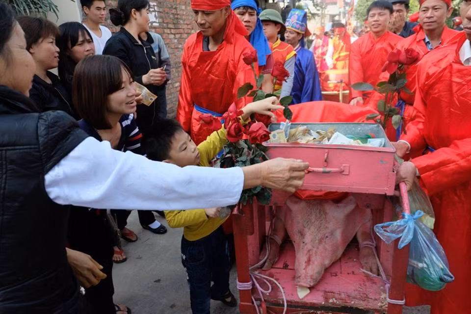 Trong khi rước hai ông ỉn quanh làng, người dân ra "mừng tiền" cầu năm mới tốt lành.