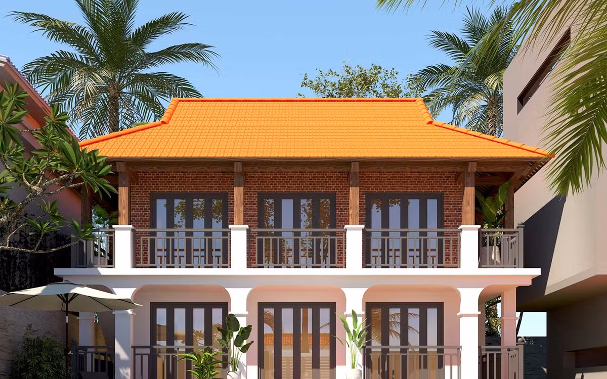 Nhà sàn bê tông 2 tầng có tổng diện tích xây dựng 200m2, chi phí xây dựng khoảng 1 tỷ đồng. Ảnh: Thietkethicongnhadep