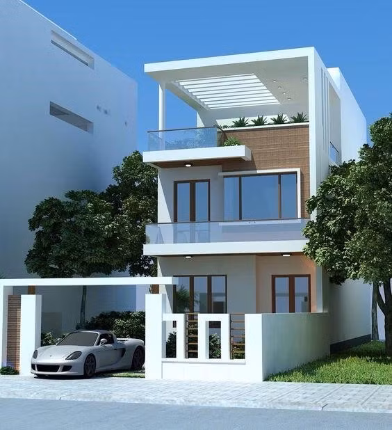 Thiết kế theo xu hướng hiện đại, ngôi nhà dành một phần diện tích sân để xe phía trước. Ảnh: Wedo.