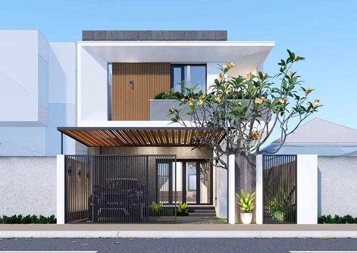 Nhà ống 2 tầng mái bằng nổi bật với tạo hình vuông vắn kết nối các khối hộp theo hướng sáng tạo. Ảnh: Internet