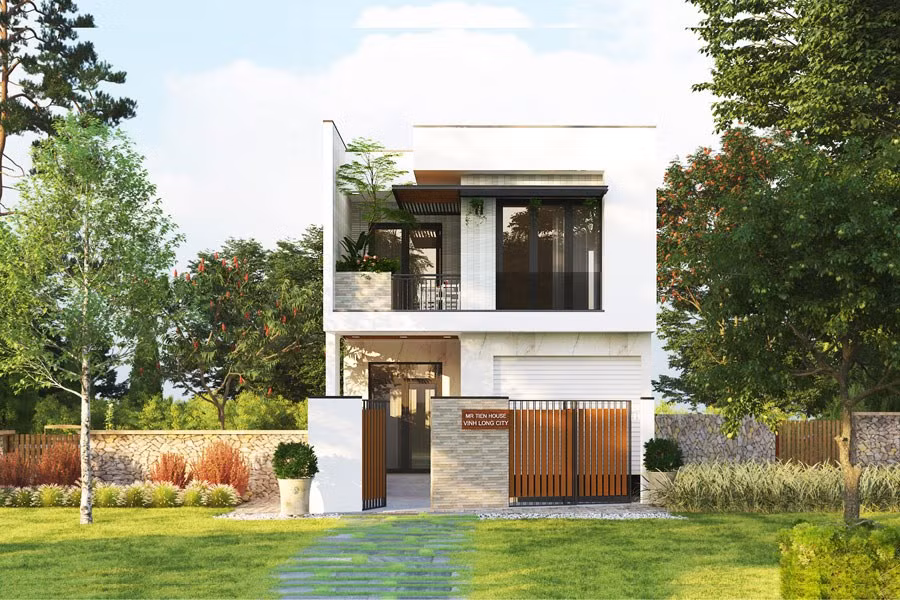 Mẫu nhà 2 tầng 6x10m hớp hồn người xem bởi màu trắng tinh khôi tương phản với màu đen của những khung của kính lan can. Ảnh: Wedo