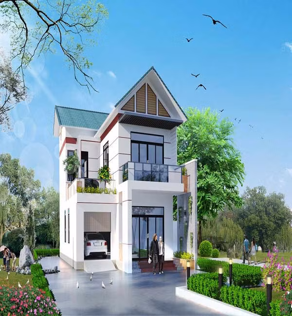 Không gian bên ngoài nổi bật với khu vườn rộng thoáng có màu xanh của cỏ cây, sắc hồng của hoa lá. Ảnh: Xaydungso