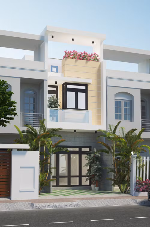 Mặt tiền căn nhà được thiết kế theo phong cách hiện đại, những chi tiết trang trí đơn. Sự kết hợp của màu sơn và kết cấu đà bê tông tạo hình khối mỹ thuật đẹp mắt. Ảnh: xaynhapho