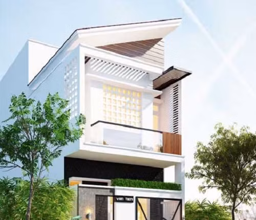 Nhà 2 tầng mặt tiền 5m với mái xéo hiện đại được đánh giá cao cả về kiến trúc ngoại thất. Mỗi chi tiết, yếu tố đều toát lên sự hài hoà, độc đáo. Ảnh: Maunhadepmoi