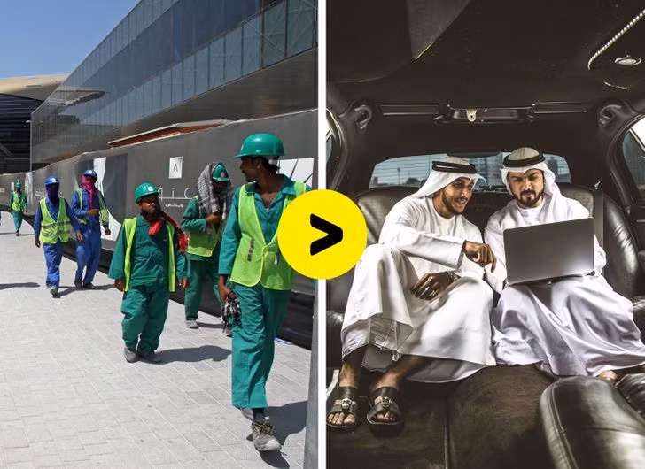 Chỉ 23% người sống ở Dubai được sinh ra ở UAE, còn 77% là người nhập cư. Công nhân xây dựng thường là người nhập cư từ Pakistan, Ấn Độ và Bangladesh. Đáng chú ý, chất lượng cuộc sống của họ khác hẳn với lối sống xa hoa của công dân UAE.
