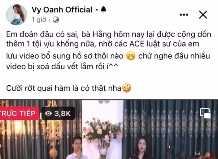 Mới đây, bà Phương Hằng tiếp tục nhắc tên ca sĩ Vy Oanh trong livestream của mình. Tuy nhiên, Vy Oanh chỉ phản ứng nhẹ nhàng. Cô cho biết nhờ luật sư của mình lưu lại bằng chứng để bổ sung thêm vào tội vu khống của bà Phương Hằng.
