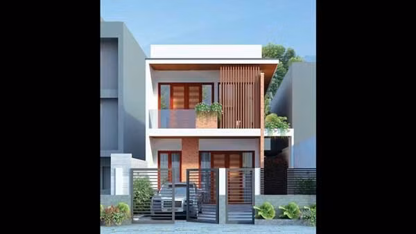 Nhà mái bằng có ban công nhỏ nhưng cách điệu, rèm gỗ chắn 1 nửa ban công vừa che bớt ánh mặt trời mà vẫn tạo được sự thông thoáng. Ảnh: Xaydungso
