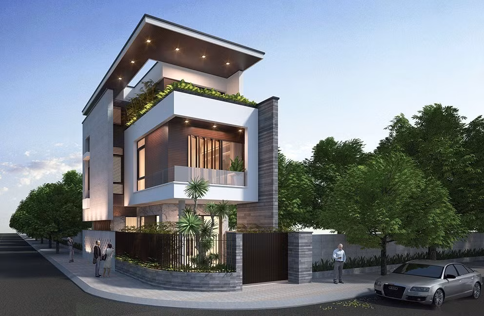 Mẫu nhà ống 2 tầng 1 tum sở hữu hình khối kiến trúc thiết kế giật cấp ấn tượng, với những khối đua rộng ở mỗi tầng. Ảnh: Wedo