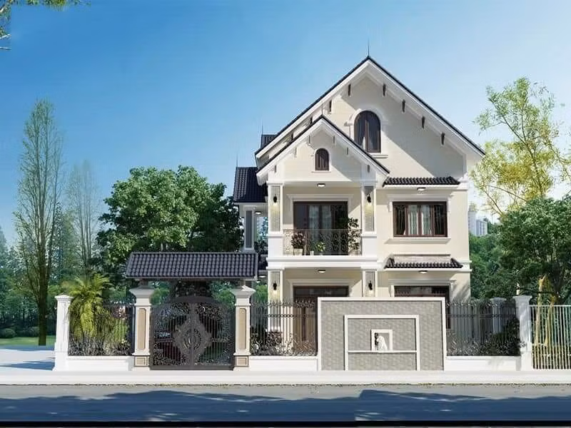 Màu trắng chủ đạo kết hợp màu be và mái thái tối màu góp phần tôn lên vẻ bề thế sang trọng của căn nhà. Ảnh: Internet