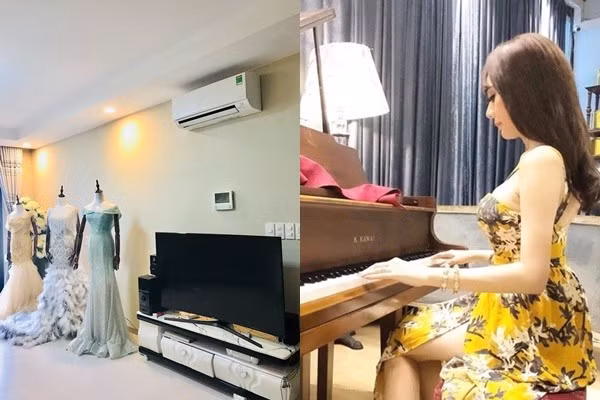 Phòng khách được bài trí nhiều váy dạ hội mùa nữ ca sĩ yêu thích. Lâm Khánh Chi còn mua một chiếc đàn piano. Ảnh: Lao động