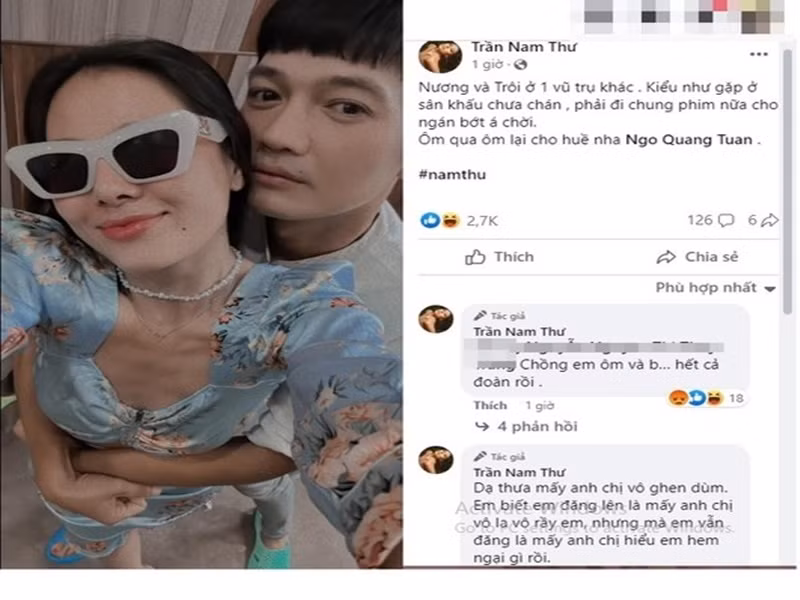 Tháng 1/2024, Nam Thư bị chỉ trích vì đăng ảnh thân mật với Quang Tuấn - nam diễn viên đã lập gia đình. Ảnh: FBNV.