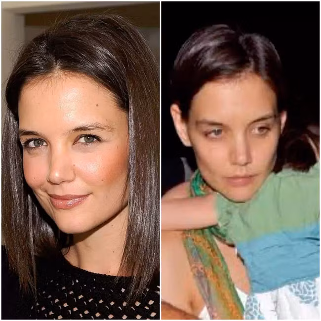 Khi còn bên Tom Cruise, Katie Holmes là một ngôi sao xinh đẹp và chỉn chu trong trang phục. Ly hôn Tom xong, Katie trở lại với style luộm thuộm vốn có của mình, cô không chăm chút từ trang phục cho tới đầu tóc, khuôn mặt nên trông già và xấu hơn nhiều. (Ảnh: noseniquesoy.com, makeupnowblog.com)