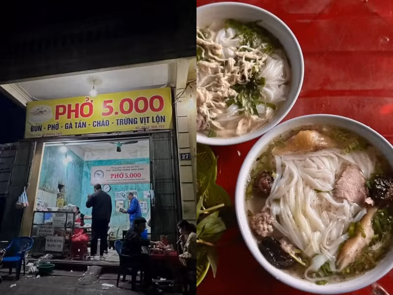 Đúng như tên gọi, phở 5.000 ở đây có giá từ 5.000đ/ bát. Thực sự mình đã không mong chờ quá nhiều khi tới quán, nhưng chất lượng của bát phở này thực sự là… không đùa được. Nước phở được hầm từ xương gà, một bát có đơn giản chỉ có thịt gà xé sợi, một viên mọc thêm chút hành lá, ấy vậy mà lại rất đầy đặn, ăn rất ổn.
