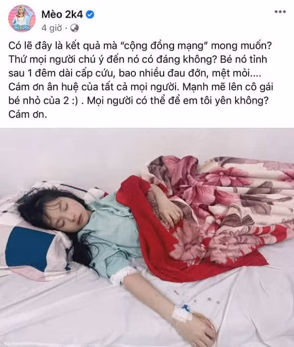 Cô nàng đã phải nhập viện trong tình trạng sốc nặng. Thông tin trên được đăng tải trên fanpage Mèo 2k4 với hơn 567.000 người theo dõi bởi quản lý của nữ streamer này.