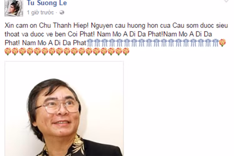 Cũng là cháu gái của NSND Thanh Tòng, nghệ sĩ Tú Sương đăng tải dòng chia sẻ: “Nguyện cầu hương hồn của cậu sớm được siêu thoát và được về bên cõi Phật”. 