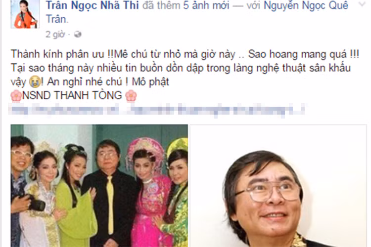 Diễn viên trẻ Nhã Thi gửi lời chia buồn với gia đình nghệ sĩ Thanh Tòng. Cô viết: “Thành kính phân ưu! Mê chú từ nhỏ mà giờ này sao hoang mang quá. Tại sao tháng này nhiều tin buồn dồn dập trong làng nghệ thuật sân khấu vậy! An nghỉ nhé chú!”. 