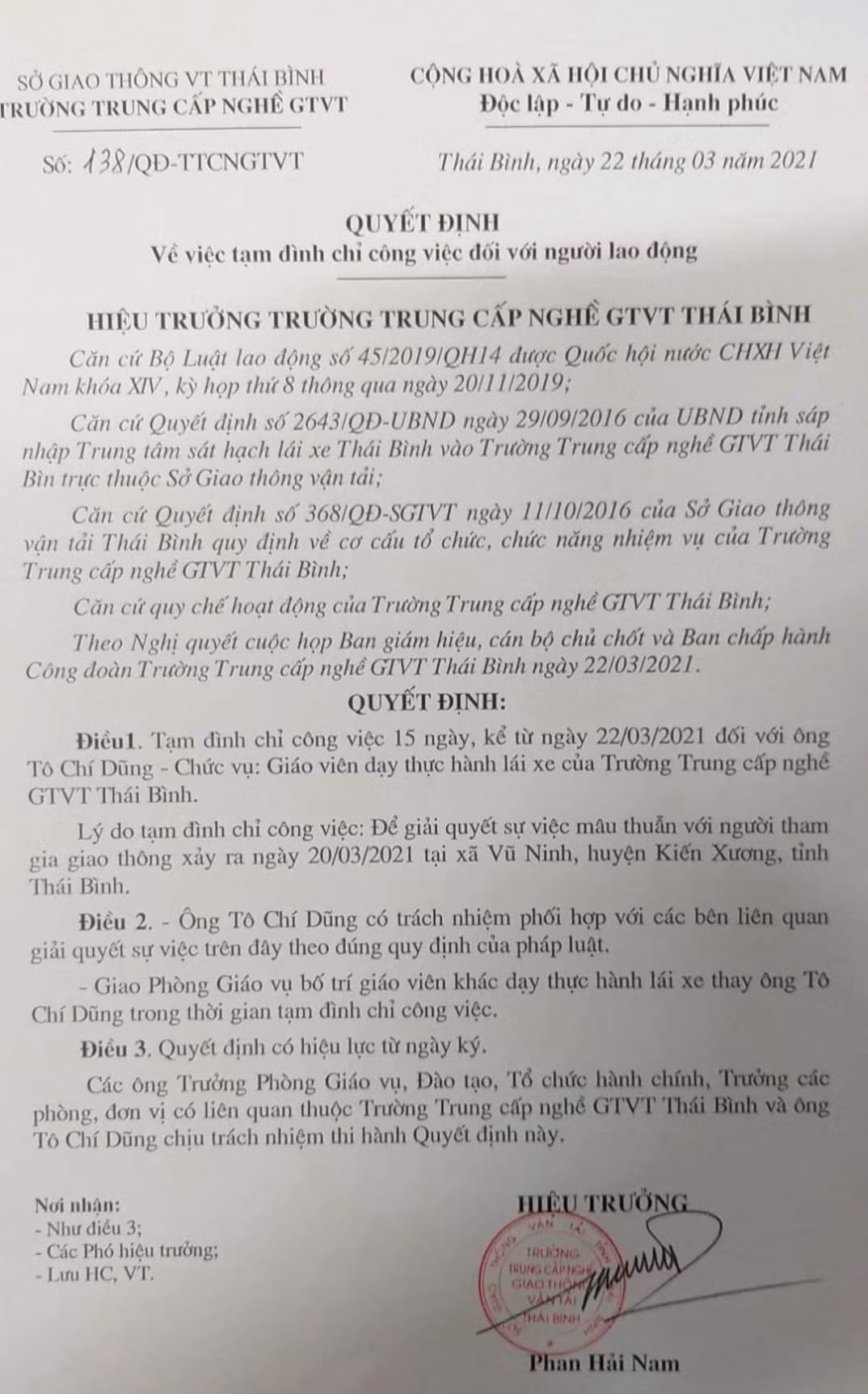 Tam dinh chi giao vien day lai xe o Thai Binh bi to danh nguoi-Hinh-2