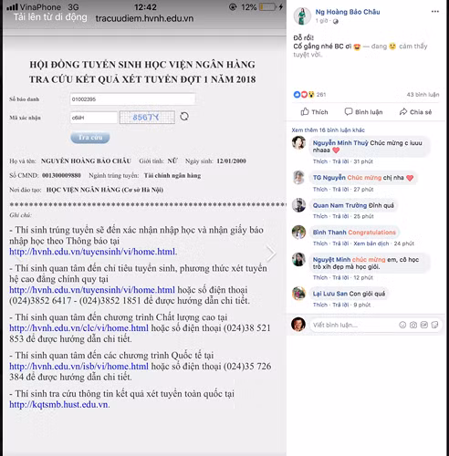 Mới đây, trên trang cá nhân facebook, thí sinh Hoa hậu Việt Nam 2018 - Nguyễn Hoàng Bảo Châu bất ngờ chia sẻ tin vui cô đã trúng tuyển vào trường Học viện Ngân hàng, Khoa Tài chính ngân hàng. Ảnh: FBNV