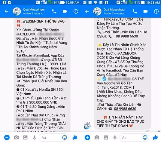 Tin nhắn lạ thông báo trúng thưởng được gửi tới người dùng Facebook. Ảnh: Trọng Đạt