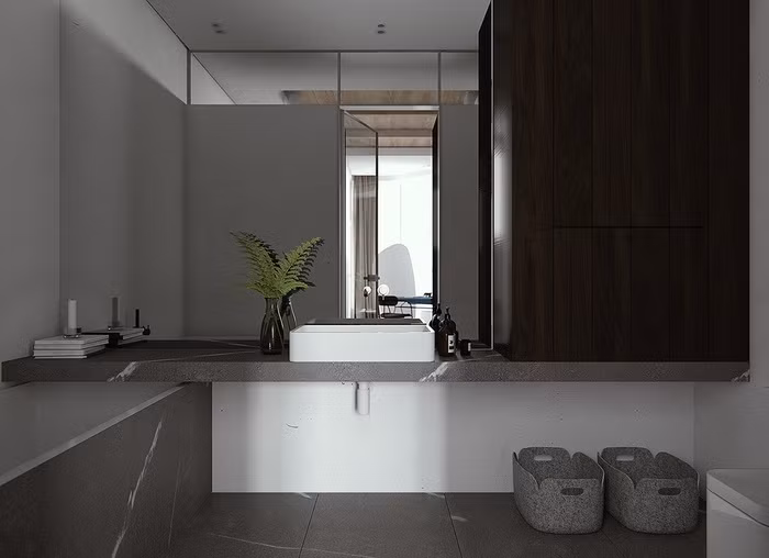 Phòng vệ sinh của căn hộ cũng không thể thiếu vắng bóng dáng của chậu cây xanh.