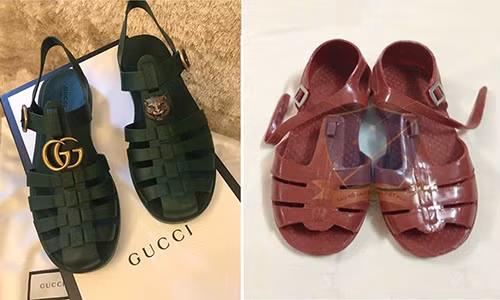 Hình ảnh thực tế từ mẫu sandal cao cấp đặt cạnh mẫu dép nhựa của Việt Nam (Ảnh: We25)