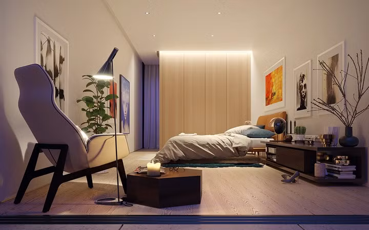 Đồ nội thất thấp một lần nữa tạo điều kiện để ánh sáng có thể tự do đi vào mọi ngóc ngách trong căn nhà.