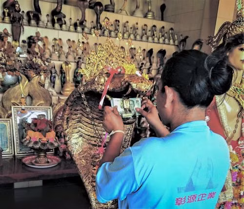 "Nếu làm mất tiền, bạn chỉ cần thỉnh cầu Nữ chúa hổ mang là sẽ tìm thấy", tài xế taxi Somchai Kuno-pahad, 65 tuổi, cho biết. Ông Somchai vừa mất một số tiền lớn, ông đến đền thờ tại quận Thonburi để xin nhận được sự giúp đỡ. Ảnh: Tibor Krausz.