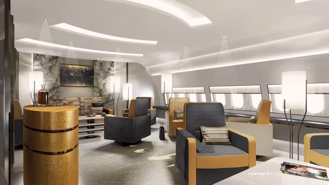 Phía sau là phòng tắm và tủ quần áo. Hình ảnh nội thất do Unique Airplane Design thiết kế. Hình trên chụp ở lối dẫn vào trong.