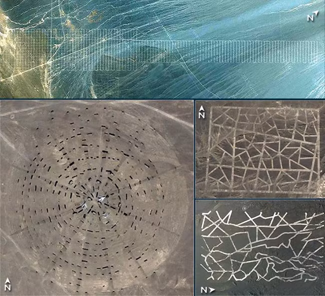 Người dùng Google Earth đã tìm thấy và thấy một số điều khó tin và không thể giải thích được vào năm 2011, đó là các thiết kế lạ được khắc vào Sa mạc Gobi ở các tỉnh Tân Cương và Cam Túc của Trung Quốc. Theo các lý thuyết âm mưu đây là vùng đích cho UFO.