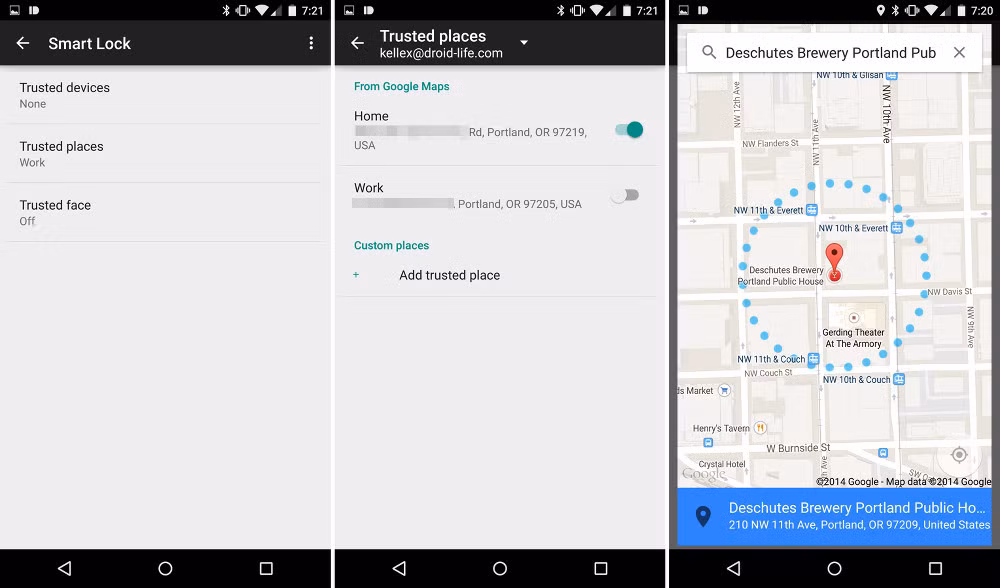 Đặt chế độ tự động mở khóa thông minh: Tính năng này có sẵn trên hệ điều hành Android 5.0 trở lên. Ta có thể vào mục Smart Lock trong phần Cài đặt và thêm “Safe areas” (khu vực an toàn). Khu vực an toàn là nơi mà điện thoại sẽ tự động mở khóa khi ta di chuyển đến.