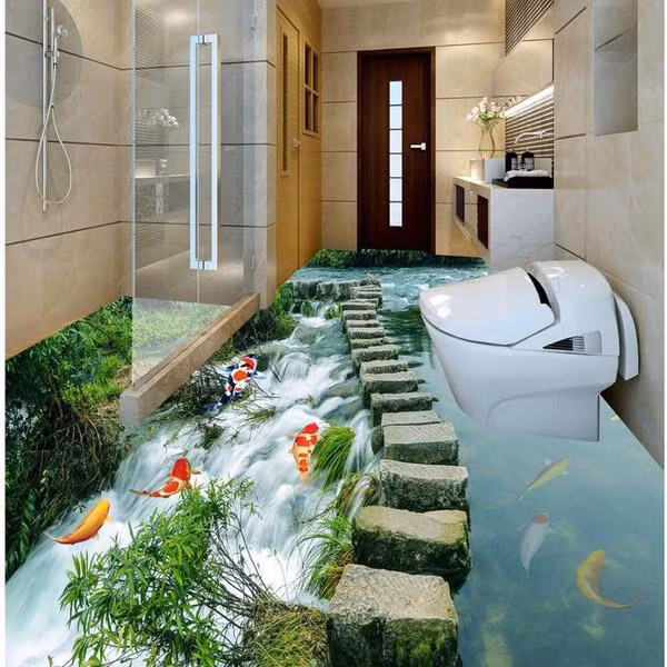 Từ nhiều năm qua, kiểu thiết kế 3D không chỉ xuất hiện trên tường mà còn chiếm lĩnh cả sàn nhà, mang lại hiệu ứng mạnh mẽ, gần như thay đổi toàn bộ cảnh quan ngôi nhà. Nhờ lớp phủ polimer trên bề mặt sàn 3D nên các hình trang trí sàn rất bền và chắc chắn, chống trầy xước, chống mài mòn, màu sắc cũng không bị phai màu dù ánh sáng mạnh chiếu vào hay bị ướt thường xuyên như sàn nhà tắm.