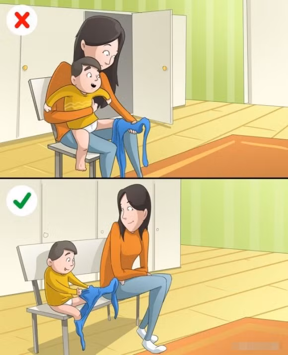 Giúp đỡ con quá nhiều Trẻ 2 đến 3 tuổi có thể làm các việc như: Tự mặc quần áo, rửa chén, cho đồ bẩn vào máy giặt... Vì thế, cha mẹ không cần phải giúp bé quá nhiều mà cho con tự học hỏi để trưởng thành.