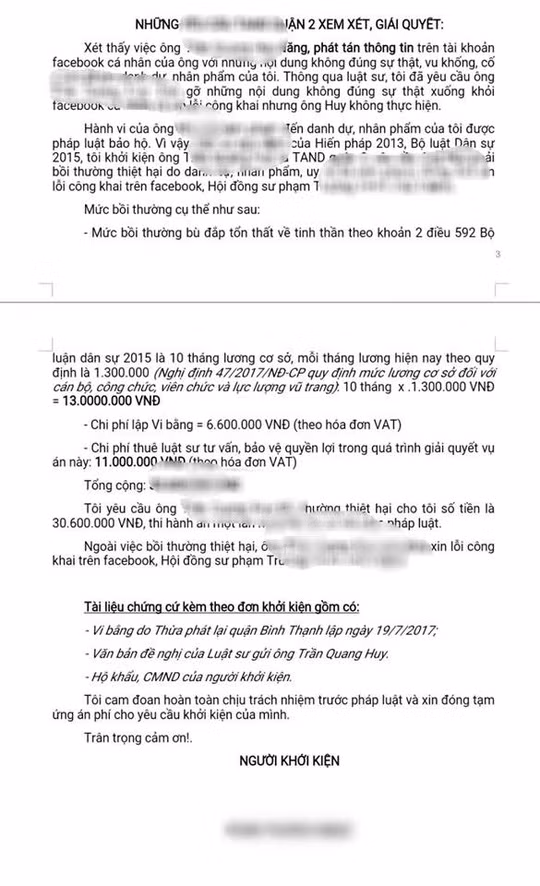 Nội dung đơn của cô N. kiện thầy H.
