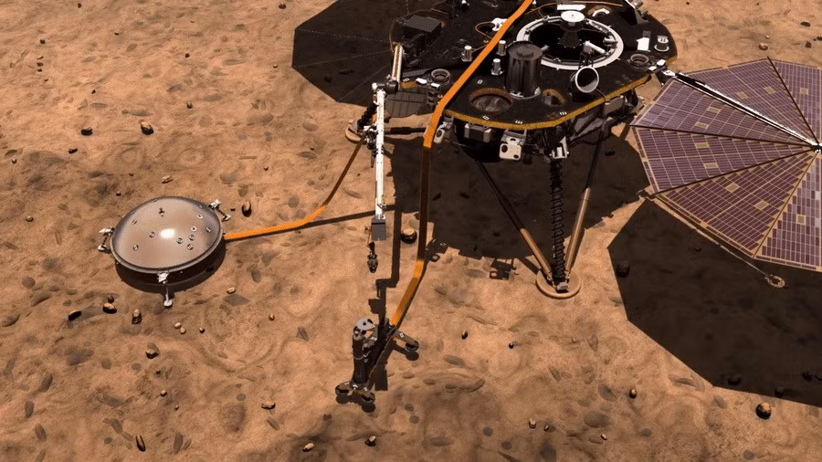 "7 phút kinh hoàng" khi tàu vũ trụ NASA hạ cánh xuống sao Hỏa - Hình 2 Thiết bị thăm dò InSight không di chuyển như "người anh" Curiosity năm 2012, mà được đặt cố định để đo đạt các chỉ số liên quan đến lớp vỏ sao Hỏa. Ảnh: NASA.