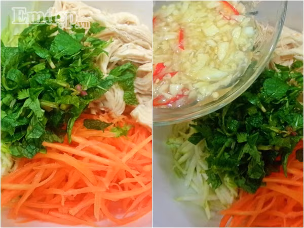 Bước 6: Cà rốt rửa lại bằng nước sôi để nguội cho bớt mặn rồi vắt khô. Bước 7: Cho tất cả các nguyên liệu vào một tô lớn trừ lạc và 1/2 số rau mùi + rau húng bạc hà. Sau đó đổ hỗn hợp nước vừa pha (bước 5) vào tô trộn đều, để khoảng 15 phút cho ngấm.