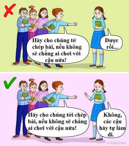 3. Muốn con phải được lòng tất cả mọi người Mọi cha mẹ mong con sống hòa thuận với mọi người. Họ không muốn nghe những lời xúc phạm, cãi vã giữa con cái với bạn bè. Họ có thể sẽ bắt con phải "tốt với tất cả mọi người". Tất nhiên, việc sống chan hòa với mọi người rất quan trọng. Nhưng đừng bắt trẻ làm hài lòng tất cả mọi người, bởi để được người khác yêu thích, đôi khi trẻ sẽ phải hy sinh lợi ích và mục tiêu cá nhân.