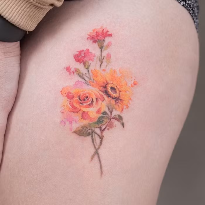Hình xăm bó hoa Hình xăm màu nước in bó hoa xinh xắn mang đến cho các bạn gái phong cách hiện đại và dịu dàng, nữ tính.