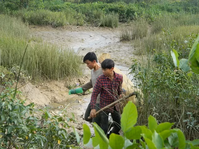 Tranh thủ ngày nghỉ lễ, em Trần Thế Phương cùng bạn ra đồng từ rất sớm để bẫy cáy.