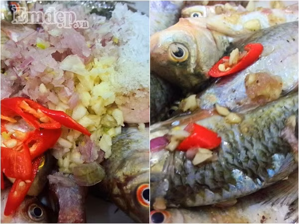 Bước 3: Ướp cá với: hành + tỏi + ớt + gừng + 1 thìa cà phê bột canh + 1 thìa cà phê hạt tiêu + 1 thìa cà phê bột ngọt, đảo đều ướp khoảng 1 giờ cho ngấm gia vị.