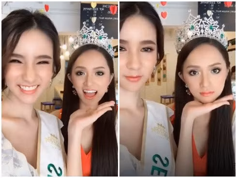 Hồi tháng 3, khi vừa đăng quang Hoa hậu Chuyển giới, Hương Giang có màn đọ sắc với á hậu 2 Yoshi Rinrada Thurapa. Ở một vài khoảnh khắc, vẻ nhợt nhạt, hốc hác của Hương Giang bị người đẹp Thái Lan lấn át.