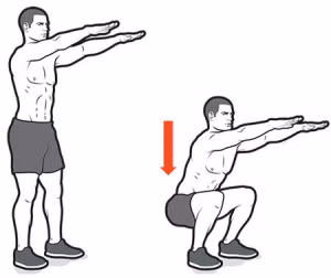 Động tác 2: động tác squat. Lưng thẳng, hạ thấp hông sao cho đùi song song với mặt đất. Giữ nguyên tư thế trong vài giây rồi lại đứng lên về vị trí ban đầu. Thực hiện lại động tác này 10 lần.